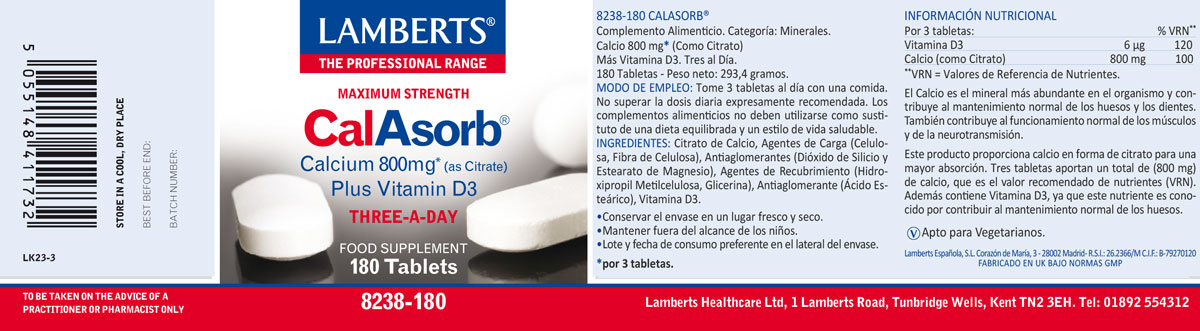 CalAsorb®, Calcio 800 mg como Citrato y Vitamina D3 180 tabletas — imagen 2