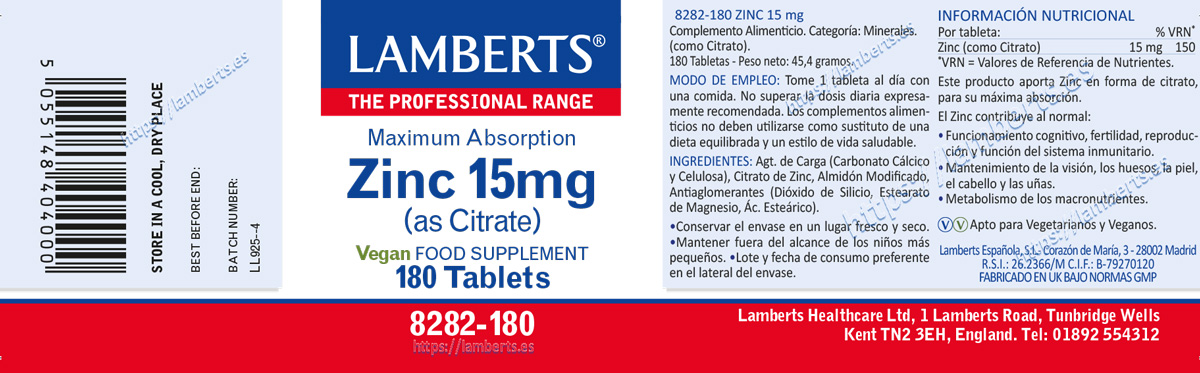 Zinc 15 mg como Citrato con mayor absorción. 180 tabs. — imagen 2