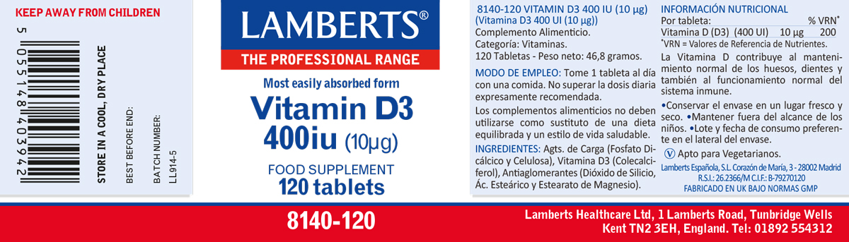 Vitamina D3, 400 UI (10 mcg) 120 pastillas — imagen 2