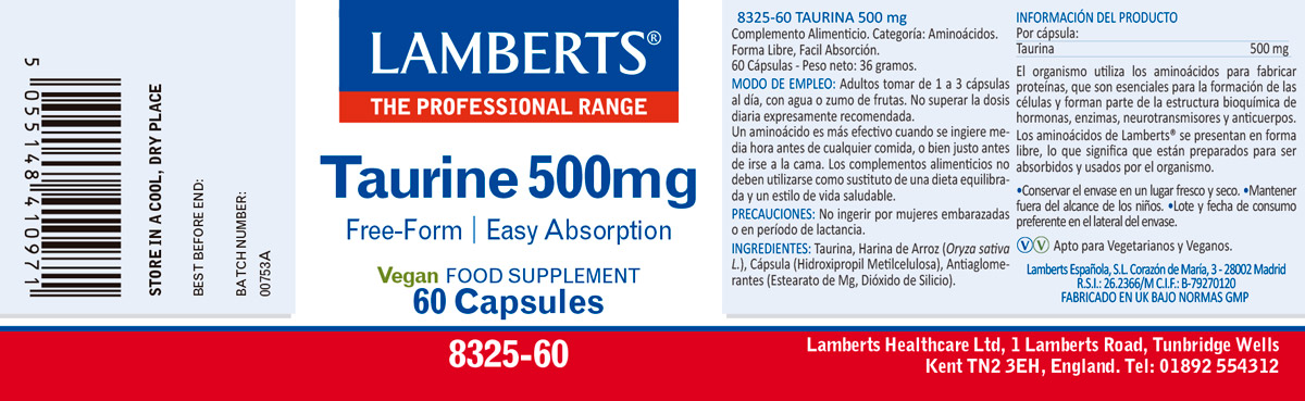 Taurina 500 mg. Forma libre. Aminoácido no esencial — imagen 2