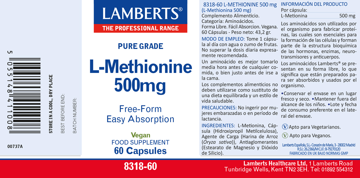 L-Metionina 500 mg. Aminoácido esencial — imagen 2