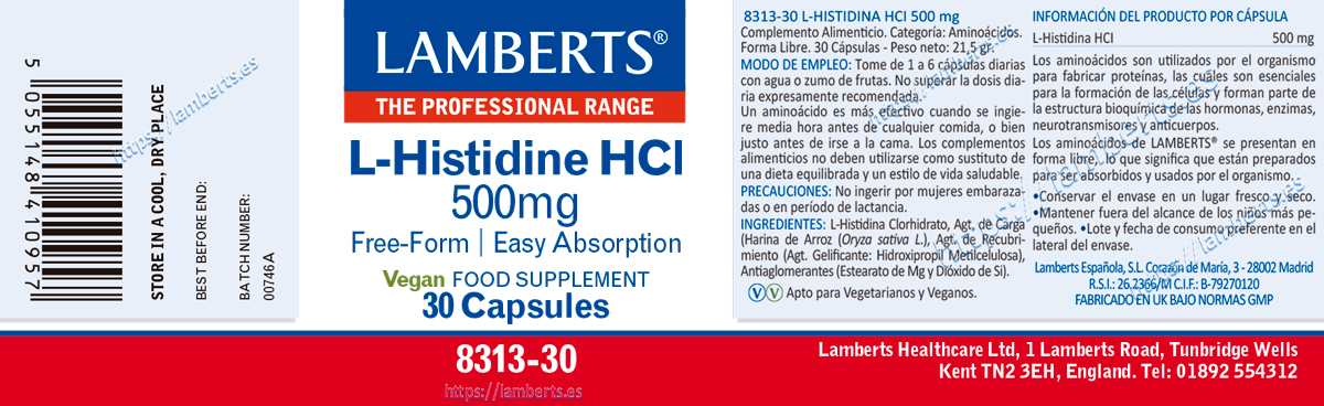 L-Histidina HCI 500 mg. En forma libre. Aminoácido no esencial — imagen 2