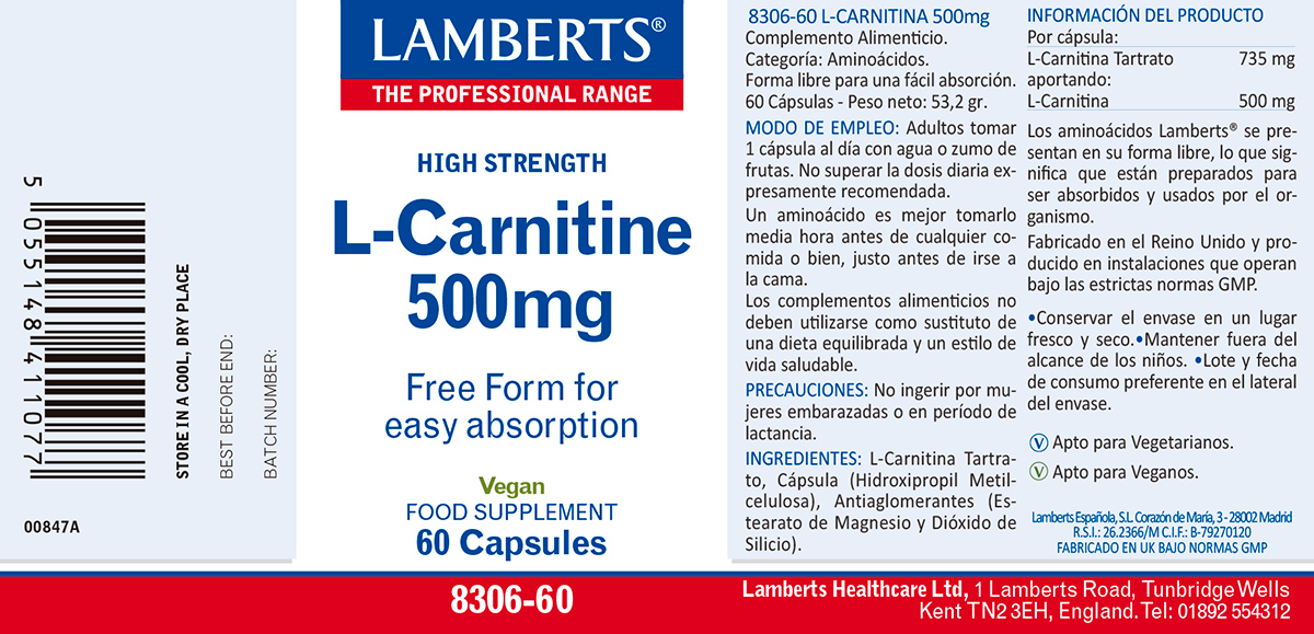 L-Carnitina 500 mg Pura en forma libre. Aminoácido no esencial — imagen 2
