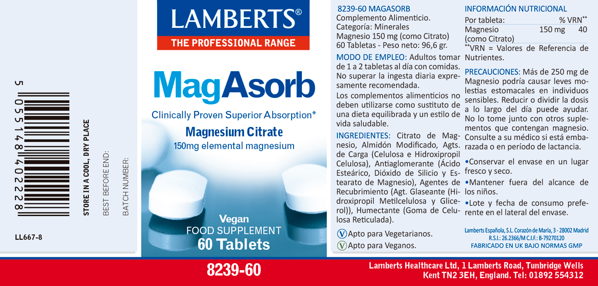 MagAsorb. Citrato de Magnesio 150 mg, más absorción 60 tabletas — imagen 2