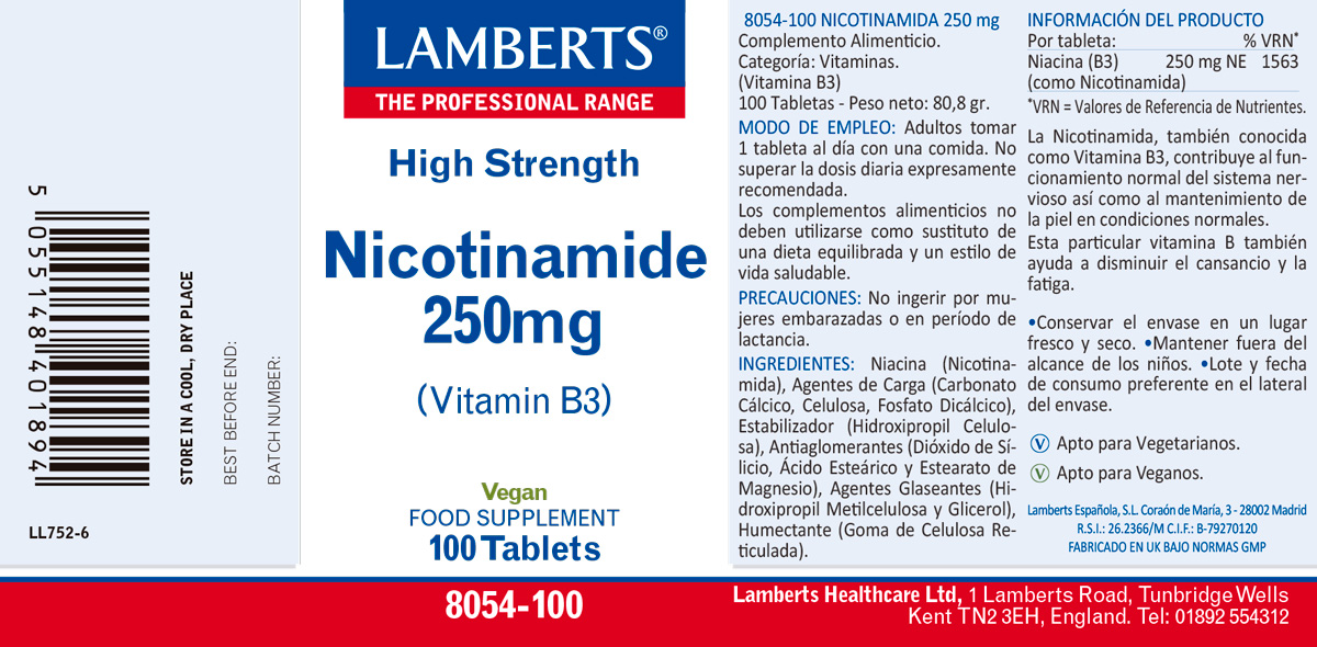 Niacina como Nicotinamida o Vitamina B3 250 mg — imagen 2
