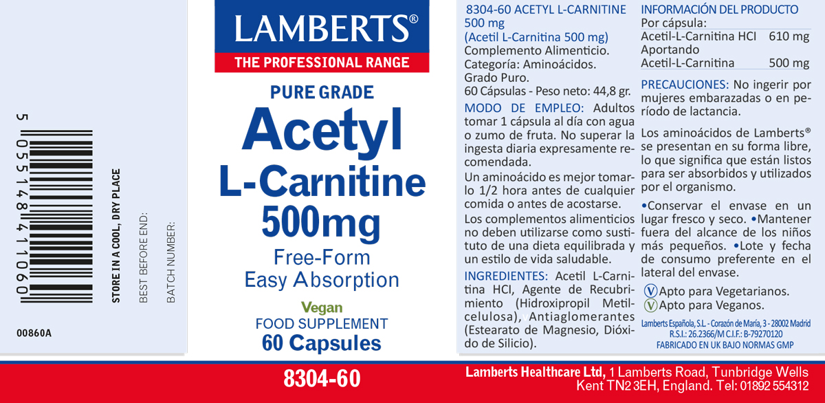 Acetil L-Carnitina 500 mg en forma Libre. Aminoácido no esencial — imagen 2