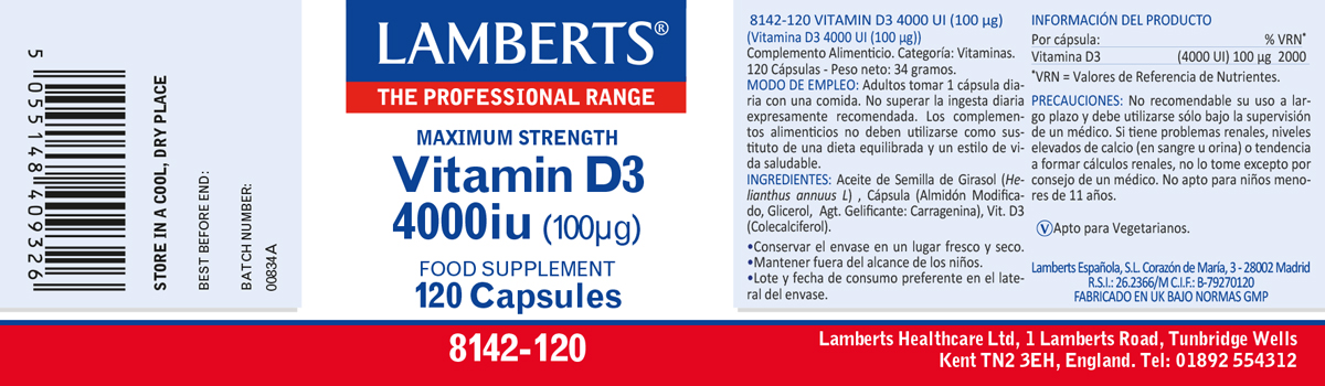 Vitamina D como D3, colecalciferol 4000 UI (100 mcg) 120 cápsulas — imagen 2