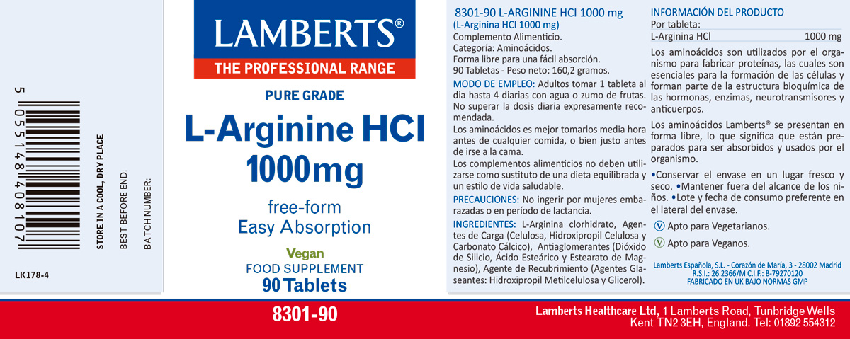 L-Arginina HCI 1000 mg en forma Libre. Aminoácido no esencial — imagen 2